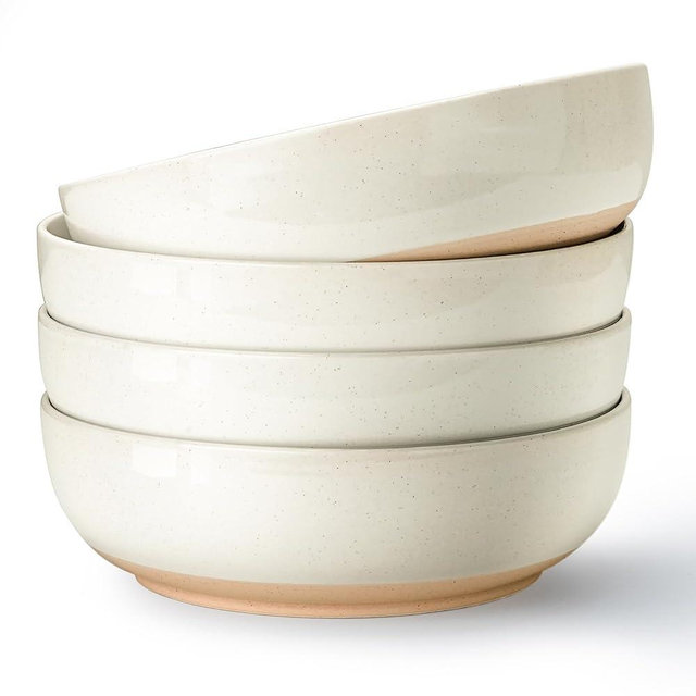 Metflavor Pasta Bowls Set of 4, 34oz Speckled Ceramic Bowls Set for Serving Salad, Pasta, Soup, Dinner, 8" Wide and Deep Bowls, Dishwasher & Microwave Safe, Matte Terracotta Base (Warm White)
