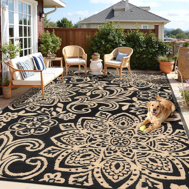 Findosom Waterproof Outdoor Rug 8' x 10' - Reversible Mandala Outdoor Plastic Straw Rug, Durable Foldable Patio Rug for RV, Deck, Balcony, Backyard, Picnic, Porch, Camping, Beach, Black