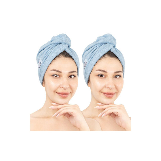 American Soft Linen 100% Cotton Hair Drying Towels for Women, 2 Pack Head Towel Cap, Cotton Hair Turban Towel Wrap, Sky Blue