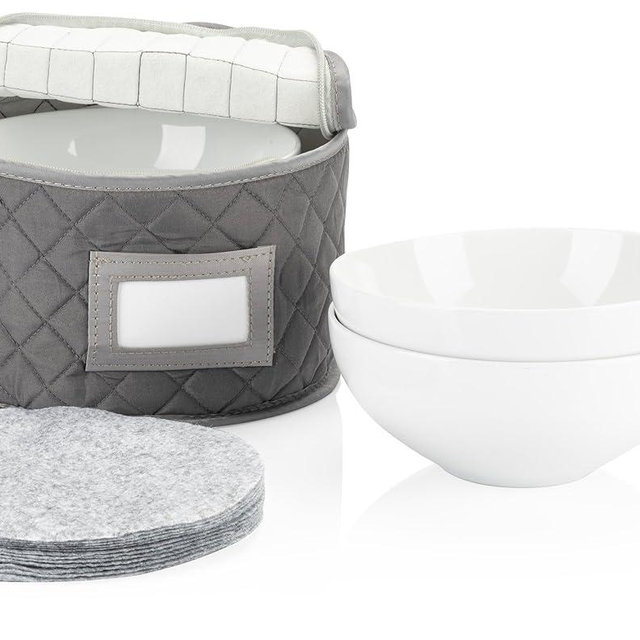 Stack Store Plus More China Storage Quilted Case for Dessert Plate, Bowls, Small Plate or Saucer - 8" W x 6" H - Gray - Includes 12 Felt Separators
