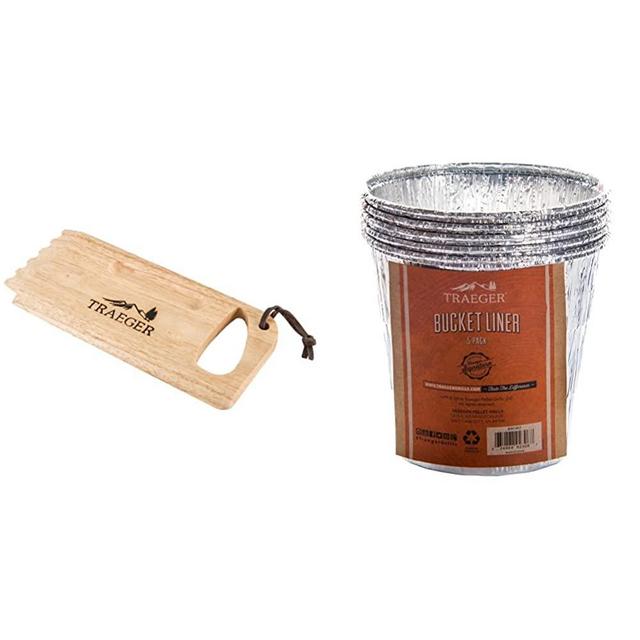 Traeger Grills BAC454 Wooden Scape Grill Scraper, Wood & BAC407z 5-Pack Bucket Liner, Basic Pack