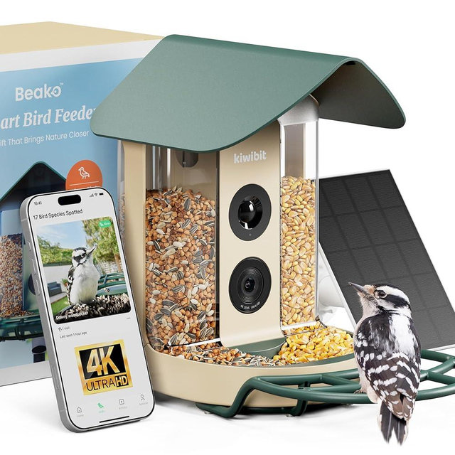 Kiwibit Smart Bird Feeder with Camera Solar Powered, 4K Video Live Stream, Wireless Outdoors Bird Camera, AI Identification Bird Species, Real-Time Bird Alert, Gift for Bird Lovers, Forest Birch