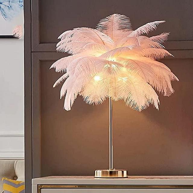 KunMai Pink Feather Table Lamp with Plug in Wire Modern Feather Lamp 3-Light Bedside Table Lamp for Bedroom in Gold (Pink)