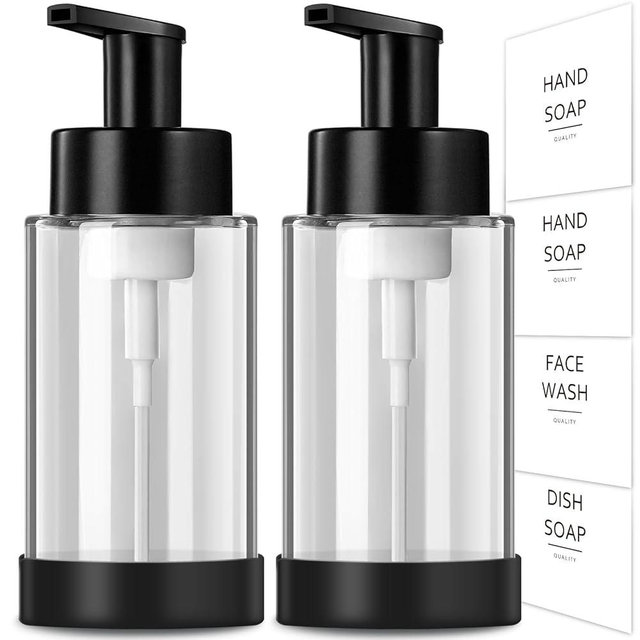 RYTOXILO Foaming Soap Dispenser, 10 oz/300ml Foaming Hand Soap Dispenser, 2 Pack Glass Dispenser with 2 Non-Slip Silicone Bottom Sleeve, Refillable Foam Dispenser for Bathroom & Kitchen