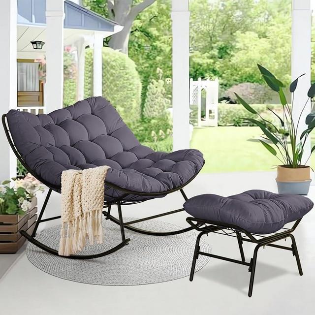 PORWEY Patio Rocking Papasan Chair, Outdoor & Indoor Egg Reading Chair, Oversized Royal Comfy Cozy Lounge Rocker Recliner with Large Cushion, Steel Frame and Ottoman for Bedroom, Living Room, Gray