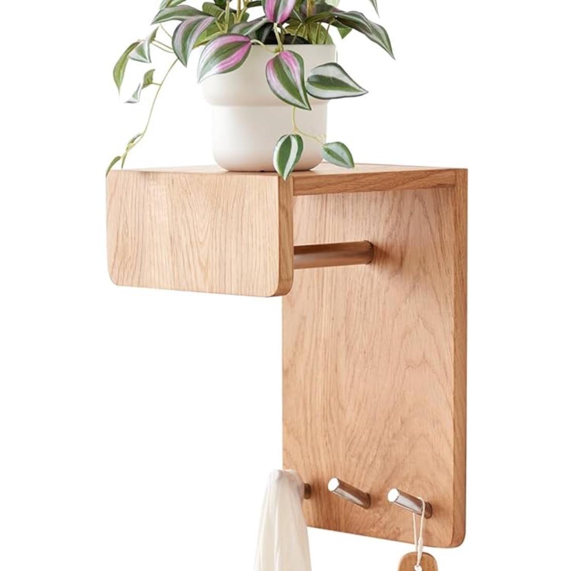 Coat Rack Wall Mounted Oak Wood Entryway Rack with 3 Hooks and Floating Shelf for Bedroom, Living Room, Kitchen