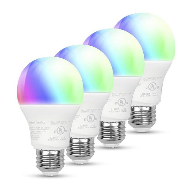 Amazon Basics - Smart A19 LED Light Bulb, 2.4 GHz Wi-Fi, 9W (Equivalent to 60W) 800LM, Works with Alexa Only, 4-Pack, Multicolor