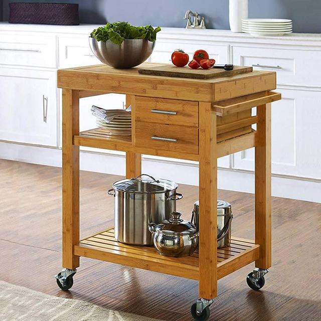 Home Aesthetics Bamboo Rolling Kitchen Island Cart, Butcher Block Food Kitchen Prepping Cart Trolley on Wheels, Rolling Wood Kitchen Cart with Drawers Shelves, Towel Rack, Locking Casters