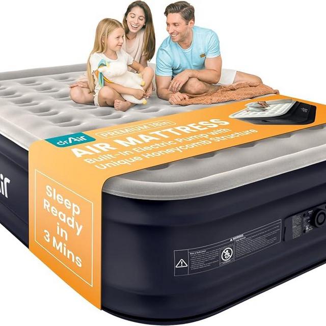 Dr. air Queen Air Mattress, 18” Raised Inflatable Bed with Built-in Pump, Waterproof Velvety Top, Ergonomic Design, Reinforced Support, and Carry Bag for Home, Camping, and Guests