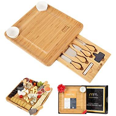 Cheese Board and Cutlery Set (Top Quality Elegant Packaging) Unique Bamboo Charcuterie Platter and Serving Tray for Wine, Cracker, Brie and Meat - Best Present for Mom, Hostess Valentine Birthday Gift