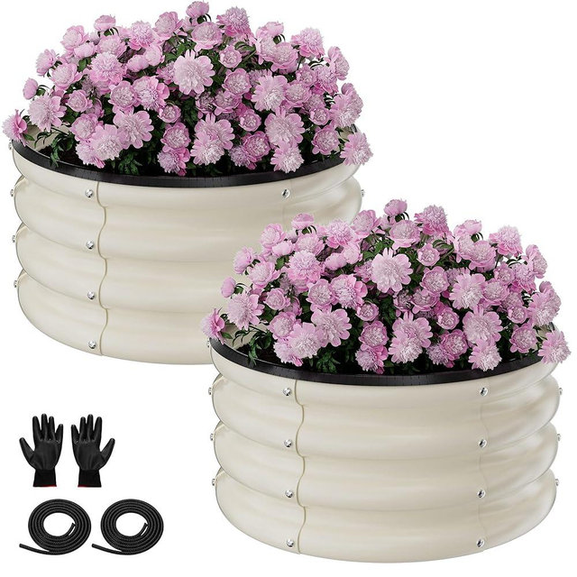 SOCONT Round Galvanized Raised Garden Bed Kit, 2 Pcs 2 x 2 x 1ft Pearl White Galvanized Garden Boxes, Outdoor for Vegetables