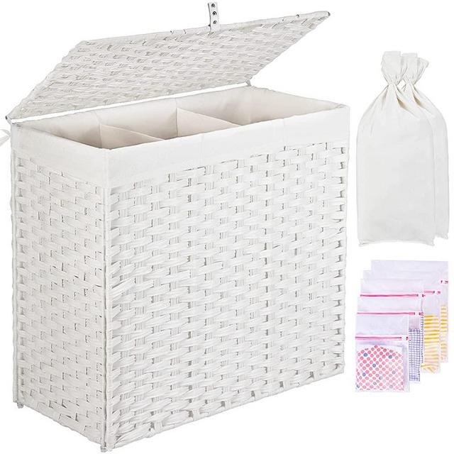 GREENSTELL Laundry Hamper with Lid, 125L Large 3 Sections Clothes Hamper with 2 Removable Liner Bags & 5 Mesh Laundry Bags, Handwoven Synthetic Rattan Divided Laundry Basket for Clothes, Toys White