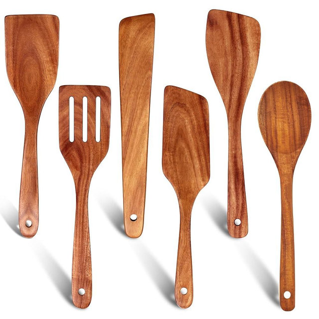 6 Pcs Best Flat Wood Spatula Set Teak Wooden Spoon for Cooking Utensils Slotted Turner Spatula Non Toxic Kitchen Utensil Set Scraper Spurtle Serving Turner Bamboo Cooking Spoons Egg Flipper Spatulas