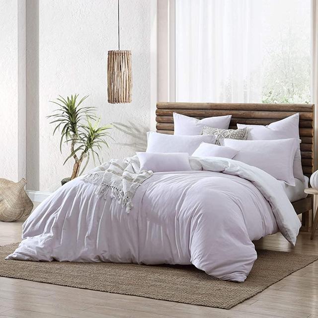Swift Home Valatie 100% Cotton Garment Washed & Dyed Reversible Duvet Cover Set, Oeko-Tex Certified, Soft and Breathable, Button Closure, All Season - Lavender/White, King/Cal King (106" x 92")
