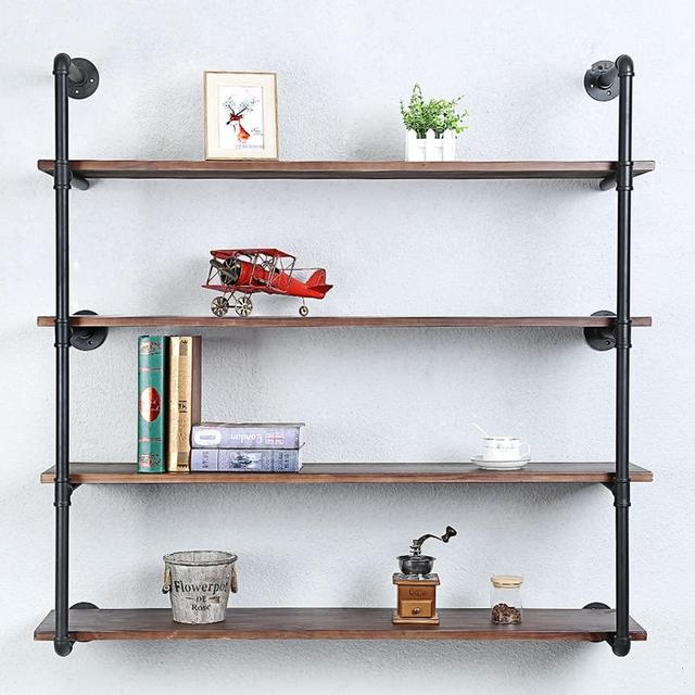 Industrial Pipe Shelving Wall Mounted,48in Rustic Metal Floating Shelves,Steampunk Real Wood Book Shelves,Wall Shelf Unit Bookshelf Hanging Wall Shelves,Farmhouse Kitchen Bar Shelving(4 Tier)