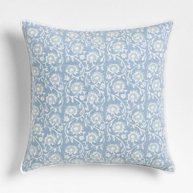 Washed Cotton 23"x23" Ruka Blue Floral Reversible Block Print Throw Pillow with Down-Alternative Insert