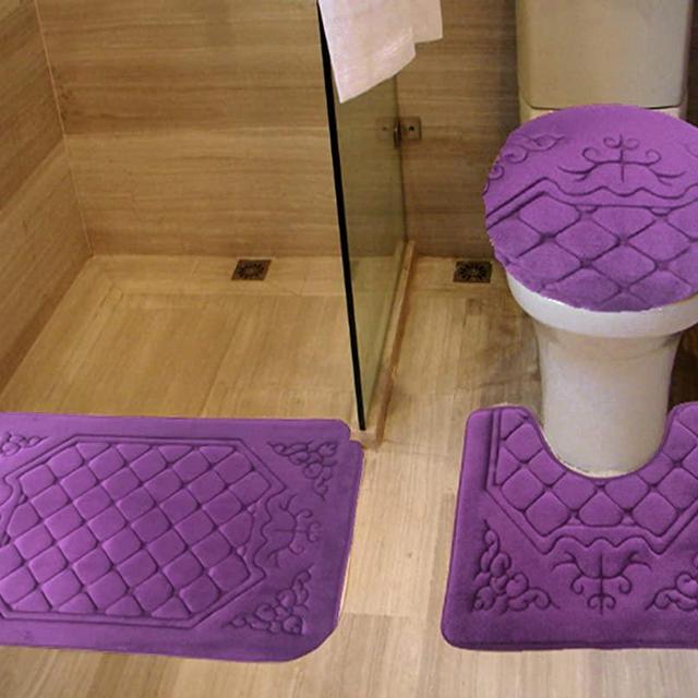 All American Collection 3PC Memory Foam Bath Mats Soft Plush Crown Design Anti-Slip Shower Bathroom Contour Toilet Lid Cover Rugs (Purple)
