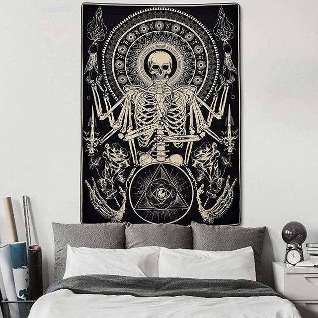 Skull Floral Tapestry Meditation Skeleton Tapestry Gothic Tarot Card Tapestry Cool Black Tapestry for Room(51.2 x 59.1 inches)