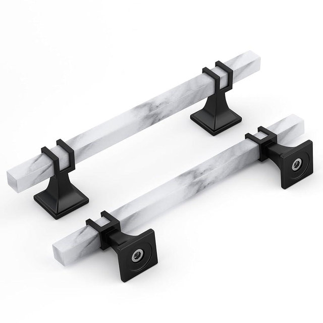 Rergy Cabinet Handles Marble Drawer Pulls and Knobs, 10Pack White Marble & Black 5inch Hole Center, T-Bar Hardware for Kitchen Dresser Zinc Alloy Furniture