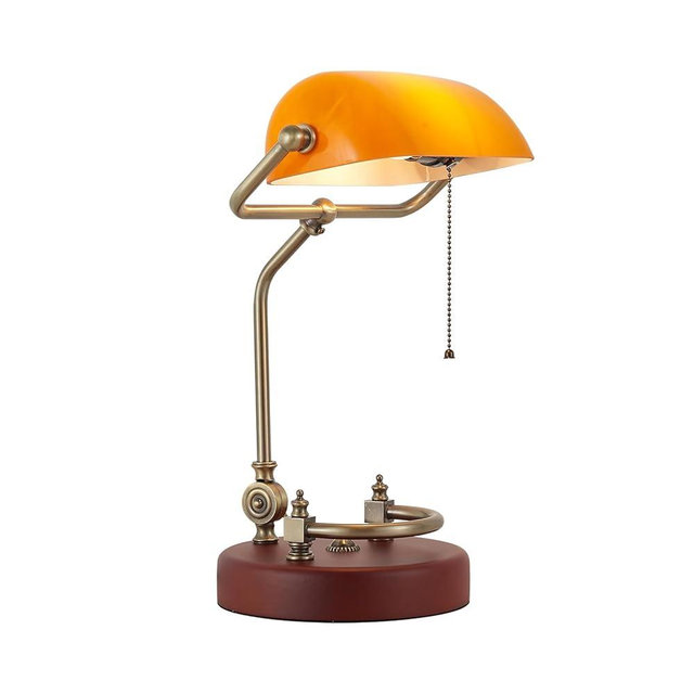 Bankers Lamp, Traditional Orange Desk Lamp with Solid Birch Wood Base, Orange Glass Antique Library Lamp with Pull Chain Switch, Plug in Vintage Bankers Desk Lamp for Office, Study Room 【E26 Socket】