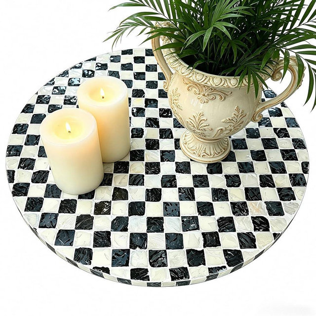 Chicapica 16-Inch Large Mother of Pearl Checkered Lazy Susan, Hand-Inlaid Artisan Wood Rotating Tray, Iridescent Shell Mosaic Turntable Centerpiece for Dining Table, Kitchen Island & Modern Boho Decor
