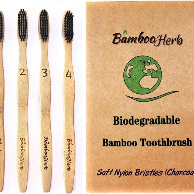 Natural Bamboo Charcoal Infused Toothbrush with BPA Free Nylon Bristles, Individually Numbered - Eco-Friendly- Sustainable & 100% Natural Organic Biodegradable - Pack Of 4