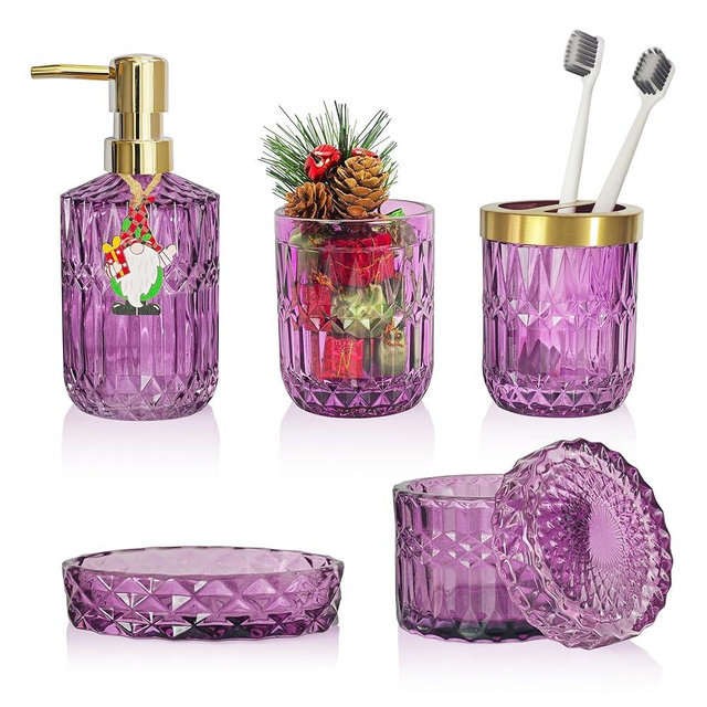 LaMarriti Purple Bathroom Accessories Set, 5Pcs Clear Glass Bathroom Set, Soap Dispenser, Toothbrush Holder Set, Soap Dish, Qtip Holder, Tumbler for Vintage Crystal Bathroom Decor, Gift Set (Violet)