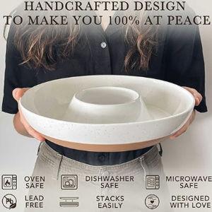 Mora Ceramic Chips and Dip Serving Tray: Large Divided Party Bowl Set for Chips & Salsa, Veggies & Dip, Fruit, Snacks, Entertaining, Hosting, etc. Minimalist Design for the Modern Hostess - White