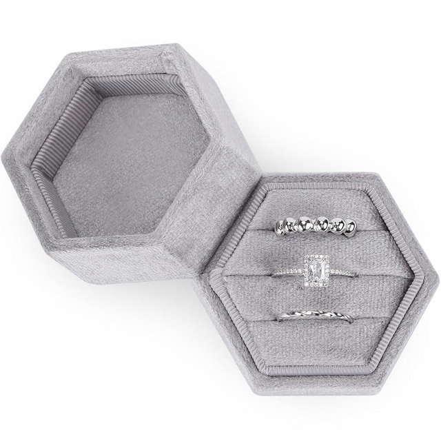 WantGor Velvet Jewelry Ring Box, 3 Slots Hexagon Ring Gift Box Vintage Ring Display Holder Case for Wedding Ceremony Proposal Engagement (Gray)