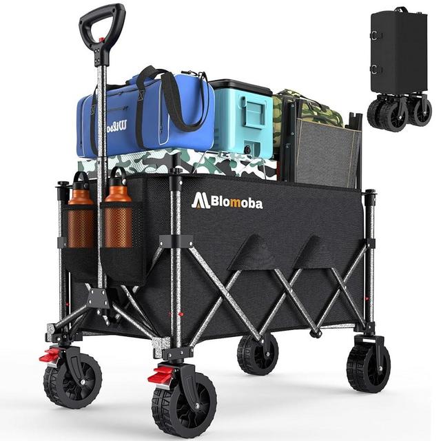 Blomoba Collapsible Wagon Cart, 150L 220lbs Heavy Duty Foldable Beach Wagon with Wider Wheels & Auto-Rebound Handle, Utility Grocery Shopping Cart for Garden, Shopping, Camping, Sports, Black