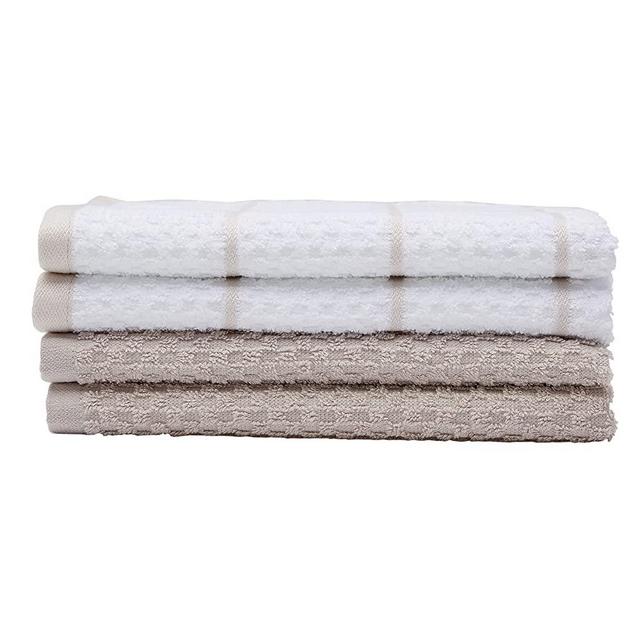 Amazon Basics 100% Cotton Terry Kitchen Dish Towels, Popcorn Texture - 4-Pack, Beige Stripe