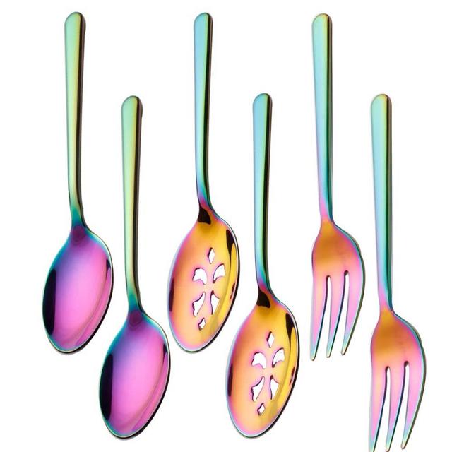 Enwinner Rainbow Serving Spoons*2 Slot Spoons* 2 Forks *2 Buffet Colander Stainless Steel Banquet Set, Set of 6. Lenght 9"(6 rainbow serving set)