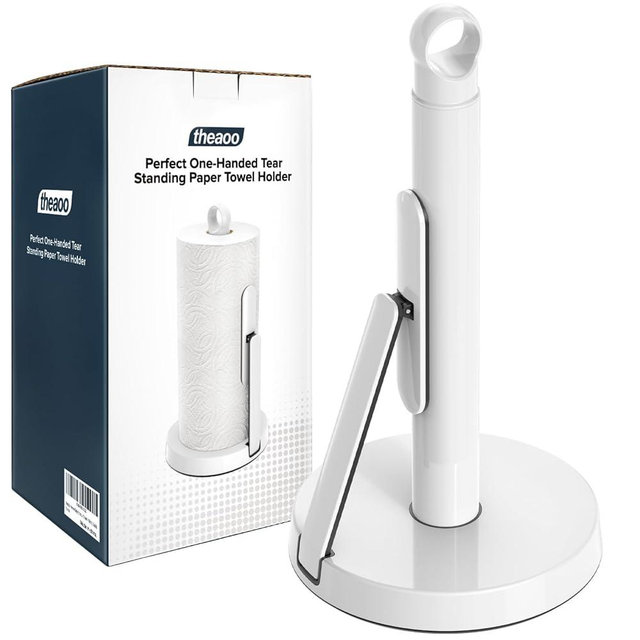 theaoo Heavy-Duty Stainless Steel Paper Towel Holder with Tension Arm – Easy One-Handed Tear, Modern Standing Countertop Dispenser for Kitchen, Holds All Paper Towel Rolls (1, White)