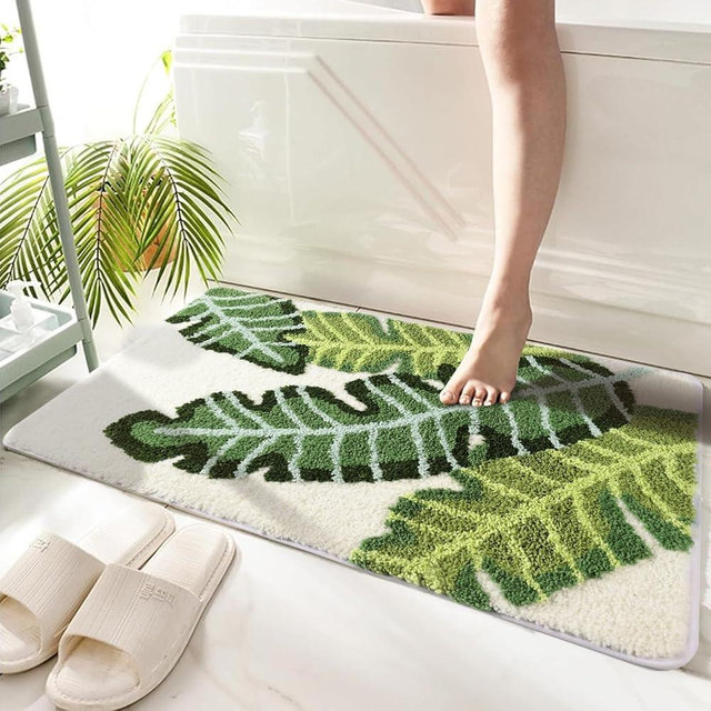 ZGXL Leaves Bath Mat Green Area Rug Non-Slip Soft Absorbent Bathroom Rugs Machine Washable Bath Rug Floor Carpet Entryway Door Mat for Tub Shower Decor 17.5 X 25.5 Inches