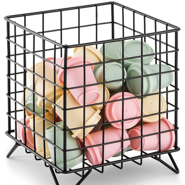 FantasyLife K Cup Holder Organizer, 5.3" x 5.3" x 6.3" Coffee Pod Storage Basket, Coffee Bar Accessories Metal Basket, Large Capacity Countertop Organizer for Kitchen Counter & Office Desktop (Black)