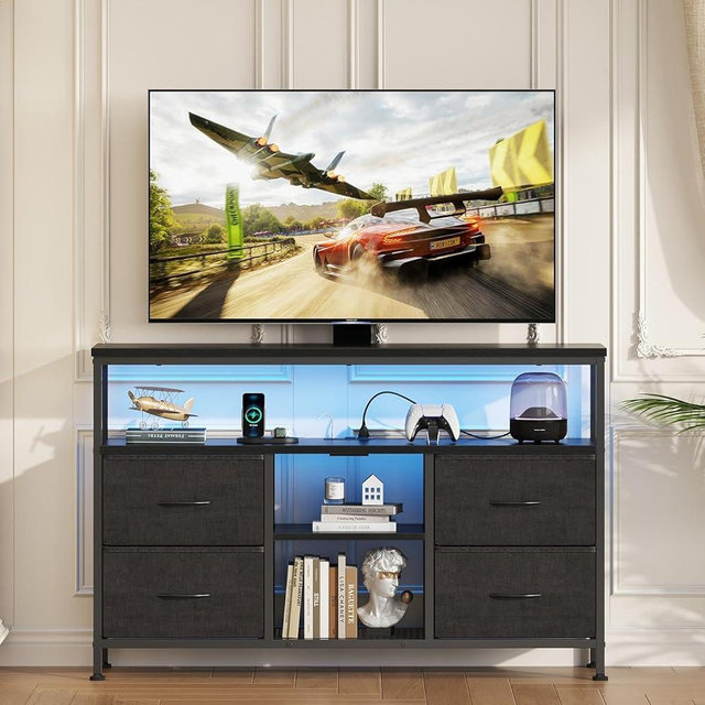 Sweetcrispy TV Stand Dresser for Bedroom 4 Drawers Entertainment Center with LED Lights and Power Outlets Media Console for 50 Inch TV Living Room Furniture with Open Shelf Adjustable Feet, Black