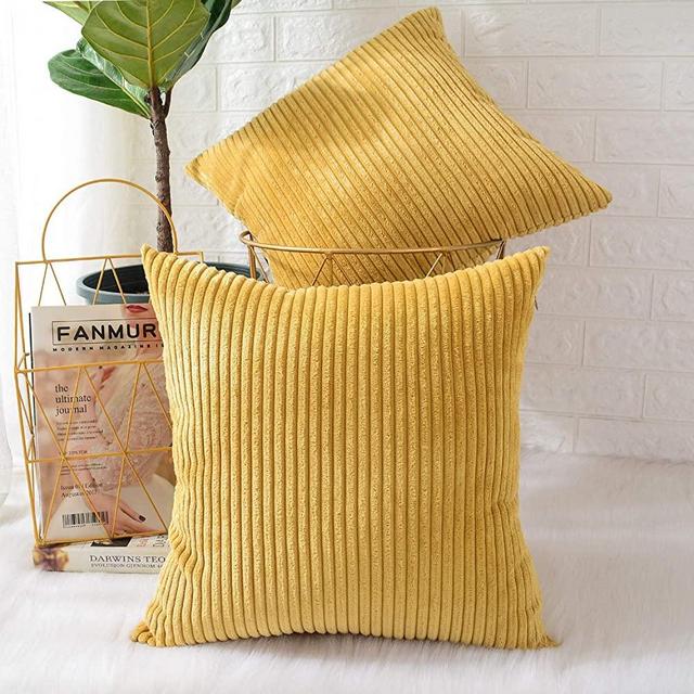 MERNETTE Pack of 2, Corduroy Soft Decorative Square Throw Pillow Cover Cushion Covers Pillowcase, Home Decor Decorations for Sofa Couch Bed Chair 18x18 Inch/45x45 cm (Striped Grass Yellow)