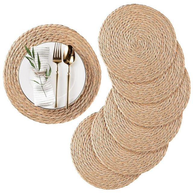 RUNTIVAN Round Woven Placemats Set of 6, Natural Water Hyacinth Place mats, 13.8 inch Rattan Placemats Wicker Placemats Farmhouse Boho Braided Heat Resistant Outdoor Placemat Patio Table Place Mats