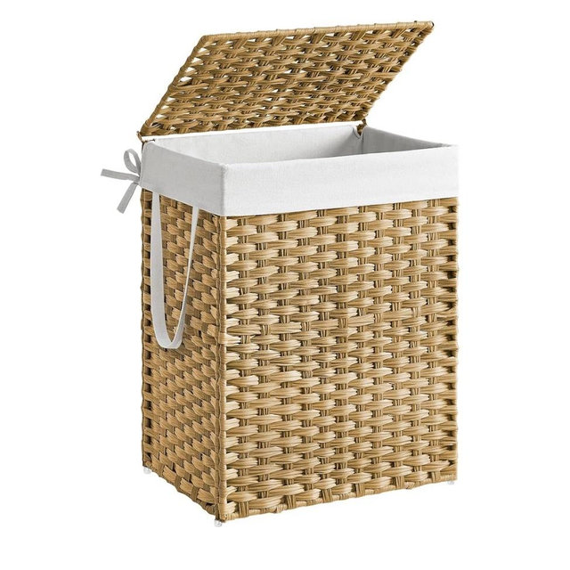 SONGMICS Laundry Hamper with Lid, 23.8 Gallon (90 L) Synthetic Rattan Clothes Laundry Basket with Lid and Handles, Foldable, Removable Liner, Goose Yellow ULCB51NL