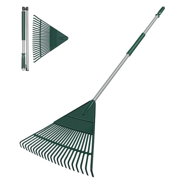 Garden Leaf Rake, 60" Garden Rakes with Foldable Lightweight Steel Handle, 22 Tines Plastic Head Shrub Rake, Folding Yard Garden Rake for Lawns, Grass, Flower Beds Leaves Cleaning, Silver & Green