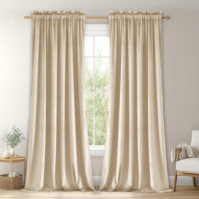 JIUZHEN Beige Velvet Blackout Curtains 108 inch for Living Room Thick Block Light Rod Pocket Window Curtains & Drapes Thermal Insulated for Bedroom/Gallery, 52W x 108L, 2 Panels with Tiebacks