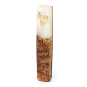 Majestic Olive Wood and Epoxy Mezuzah Case - White with Ashkenazi Scroll