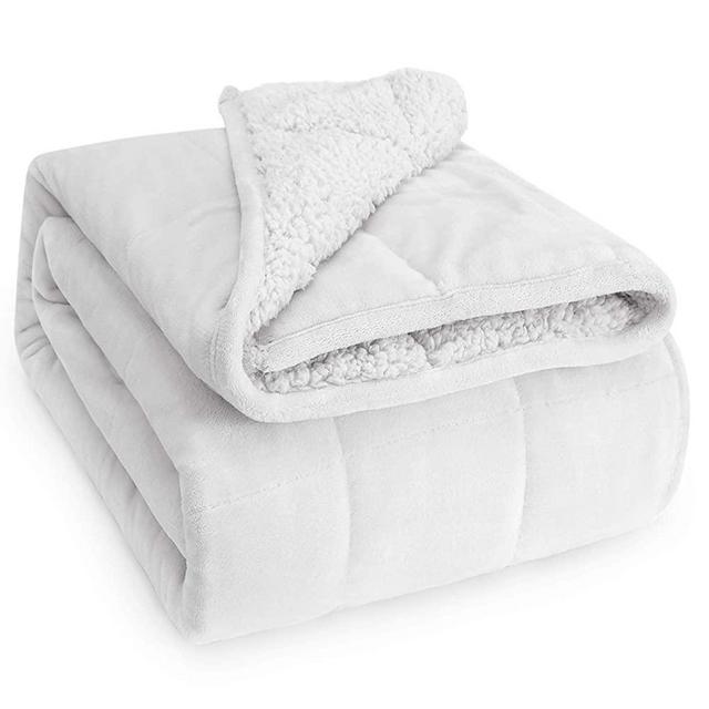 Wemore Sherpa Fleece Weighted Blanket for Adult, 15 lbs Dual Sided Cozy Fluffy Heavy Blanket, Ultra Fuzzy Throw Blanket with Soft Plush Flannel Top, 48 x 72 inches, White on Both Sides