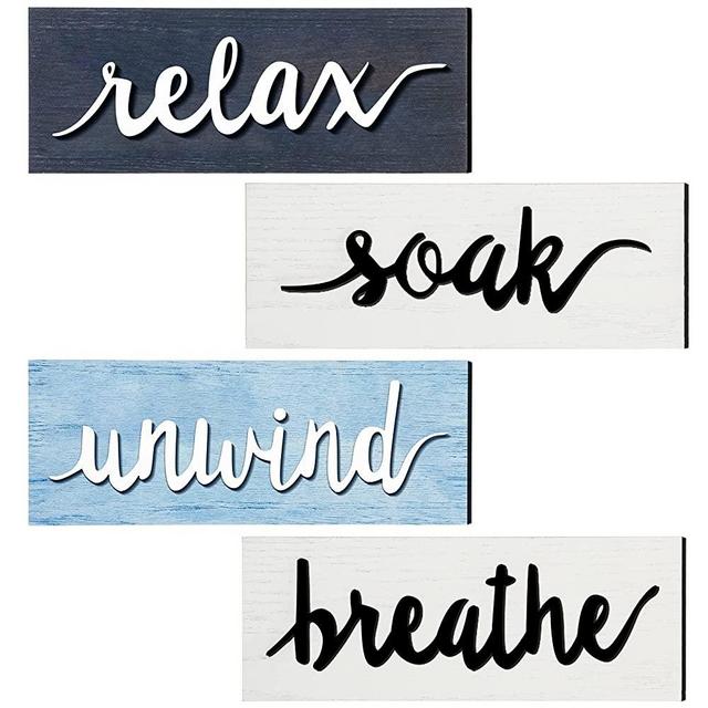 4 Pieces Farmhouse Bathroom Wall Decors Relax Soak Unwind Breathe Signs Rustic Bathroom Wooden Signs Funny Rustic Bathroom Wall Art Vintage Wooden Decor for Laundry Room Bathroom (White Blue Gray)
