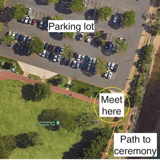 Here is a zoomed in photo for a clearer view of the meeting spot and pathway to the ceremony location.