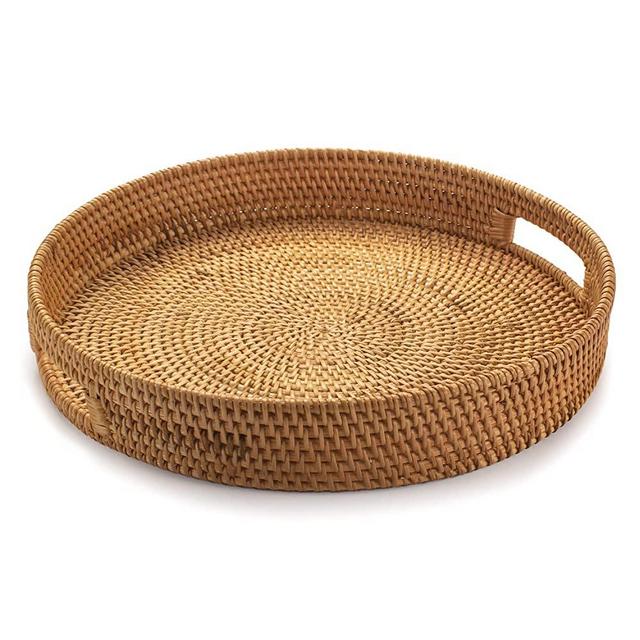 Rattan Round Serving Tray, Hand Woven Serving Basket with Cut - Out Handles, Wicker Fruit/Bread Serving Basket, 11.8 inch