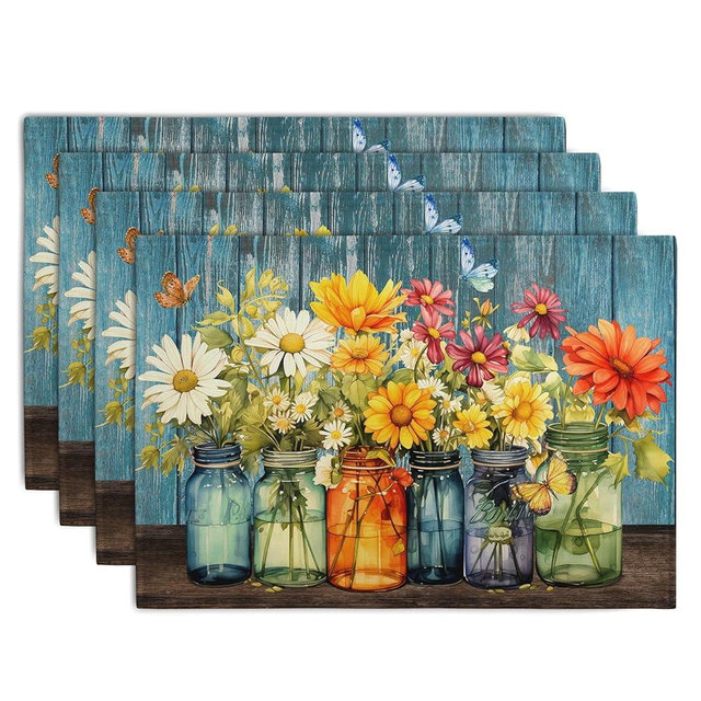 Rustic Daisy Placemats Set of 4 Vintage Flower Vases Wood Grain Linen Table Mats 12x18 Inch Summer Floral Wooden Board Farmhouse Washable Place Mat for Party Kitchen Dining Outdoor Indoor Decor