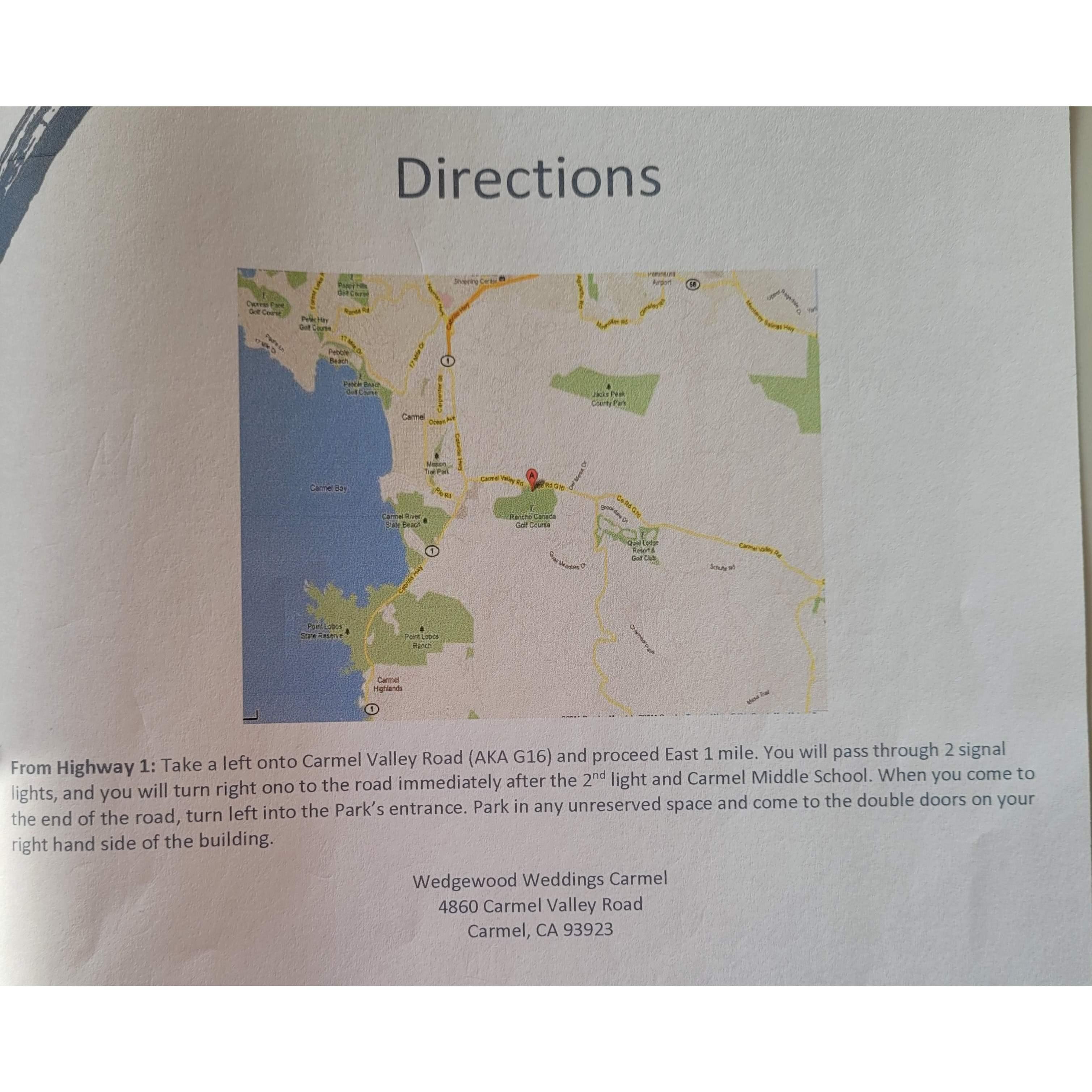 Directions to the reception site. First right past the middle school when coming from the 1. Could be a good idea to meet there and carpool to the beach?
