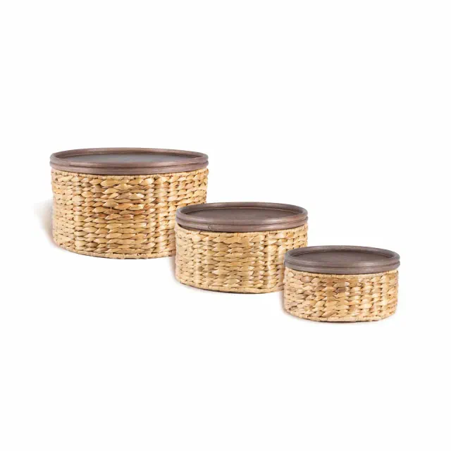 happimess Gouda Southwestern Hand-Woven Hyacinth Circular Nesting Baskets with Wood Lids, Natural
