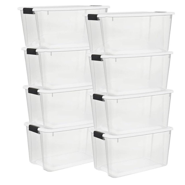Sterilite 8 Pack Ultra Latching Box, Storage Bins with Lids, Clear Plastic, 70 Quart - Heavy-Duty Organizing Containers for Closet, Bathroom, and Office